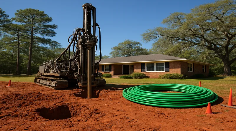 Geothermal drilling rig installing vertical ground loop in red Alabama clay soil near a brick ranch home with pine trees in the background