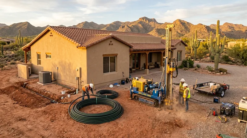 Geothermal ground loop drilling rig on an Arizona property with desert landscape and saguaro cacti in the background