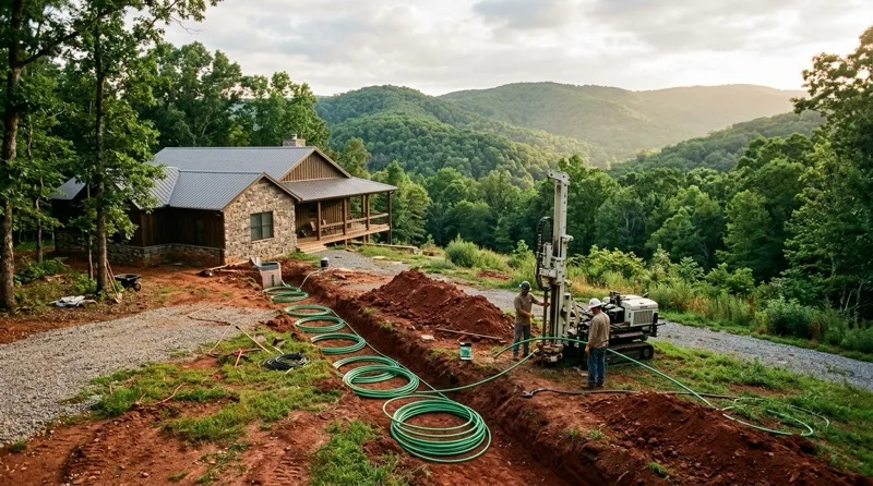 Geothermal drilling rig installing vertical loops near a rural Arkansas home with Ozark Mountains forested hills in the background