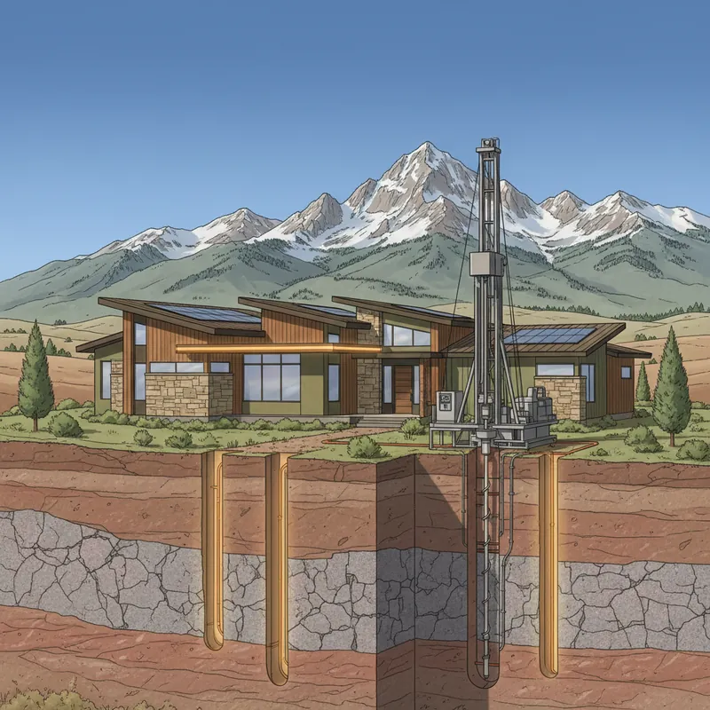 Colorado Front Range home with geothermal drilling through Rocky Mountain sedimentary and granite geology