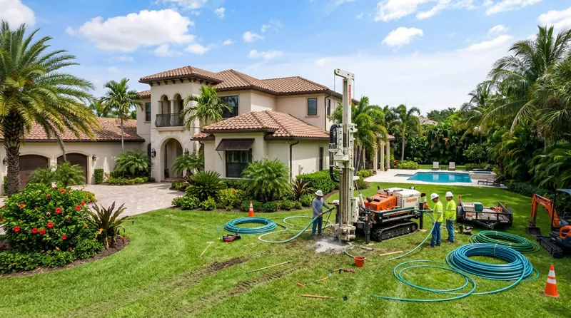 Geothermal ground loop installation next to a Florida home with palm trees and a swimming pool in the background