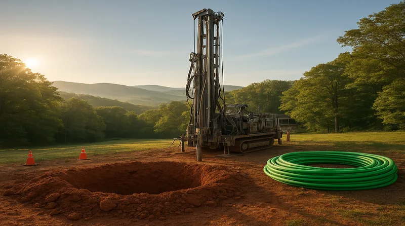 Geothermal heat pump drilling rig in the North Georgia Blue Ridge mountains with red Georgia clay soil and vertical borehole equipment