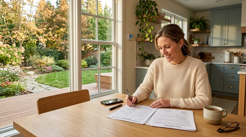 Homeowner reviewing geothermal financing documents with solar panels and heat pump equipment visible