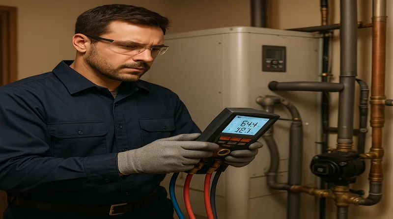 HVAC technician using digital manifold gauges to diagnose a geothermal heat pump unit in a mechanical room