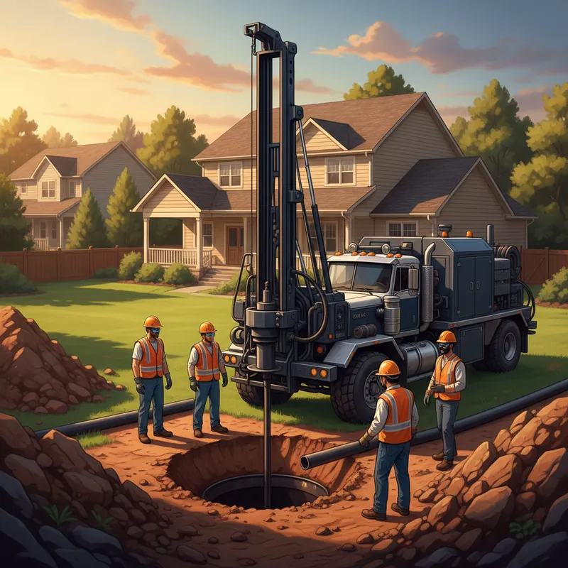 Geothermal bore drilling rig and crew installing vertical ground loops at a residential property