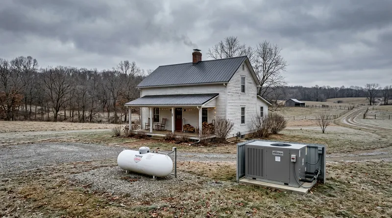 Rural farmhouse with geothermal heat pump system replacing propane tank