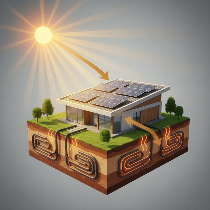 Home with solar panels on roof and geothermal ground loops underground showing both renewable energy systems