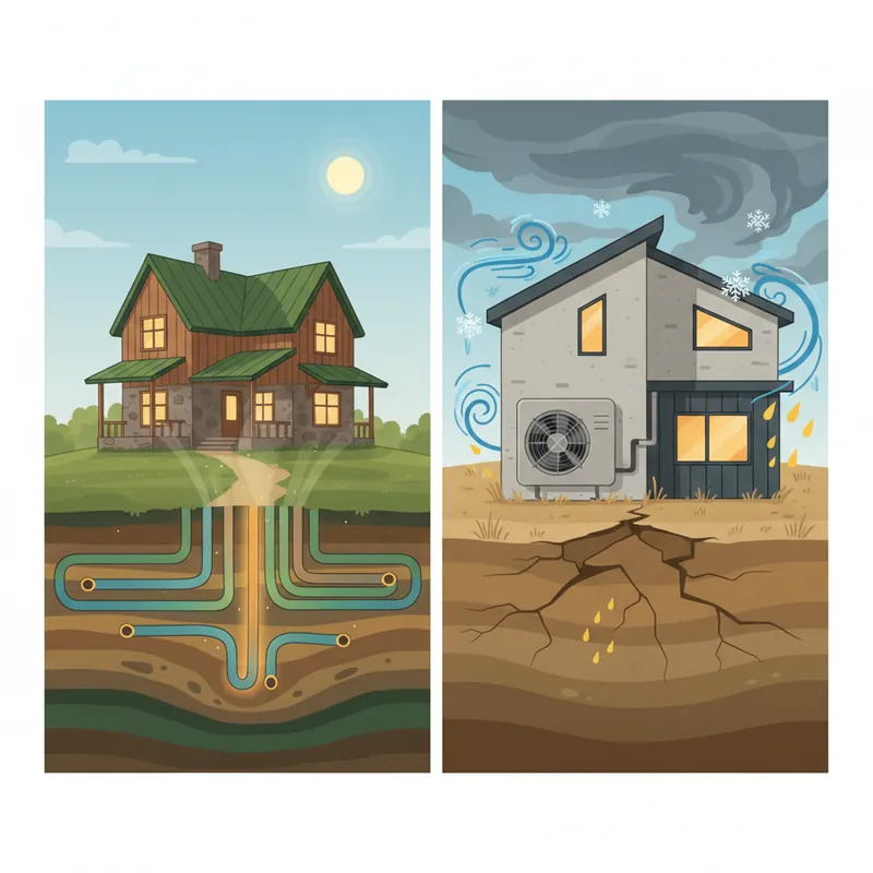 Ground-source heat pump with underground pipes compared to air-source heat pump with outdoor wall unit