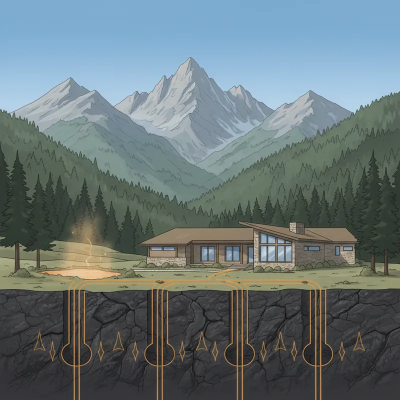 Idaho mountain home with geothermal bore holes through volcanic basalt geology in the Sawtooth Valley