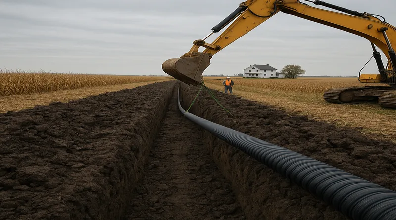 Geothermal horizontal loop trench in flat Indiana farmland with dark glacial soil and a farmhouse visible in the distance