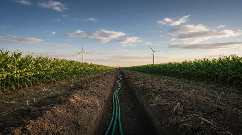 Geothermal horizontal loop trench in Iowa farmland with green HDPE pipe, an excavator, and wind turbines visible on the horizon