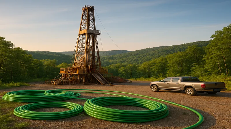 Geothermal drilling rig in eastern Kentucky Appalachian hills with vertical borehole installation