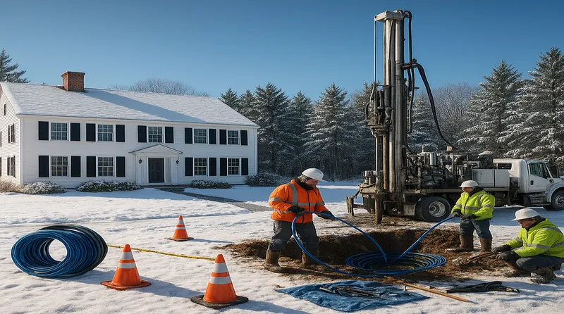 Geothermal heat pump drilling rig on a snow-covered Maine property with pine trees and a colonial home