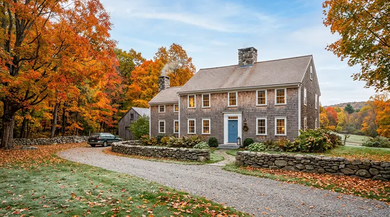 Massachusetts colonial home with geothermal heat pump installation in New England winter landscape