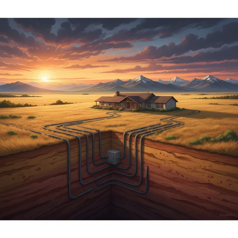 Montana ranch home on open plains with geothermal drilling rig and HDPE loop coils on the ground