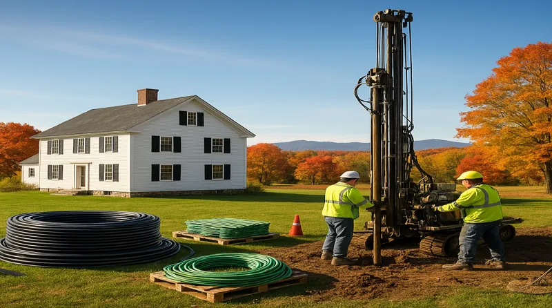 Geothermal drilling rig boring through New Hampshire granite bedrock next to a colonial home surrounded by hardwood forest