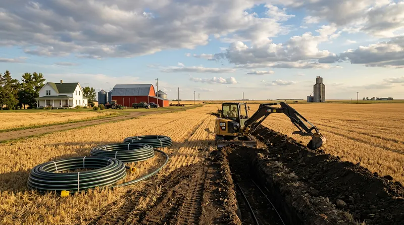 Geothermal ground loop installation on a North Dakota farm with flat prairie stretching to the horizon, grain elevators in the distance, and wide open sky