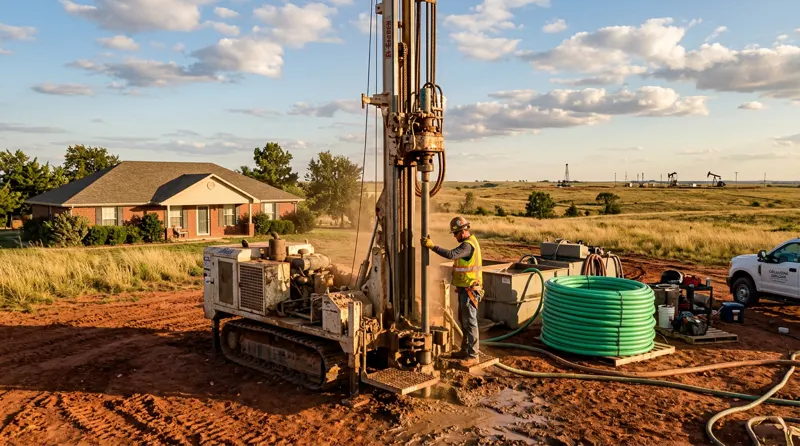 Geothermal ground loop installation on a rural Oklahoma property with red clay soil and rolling prairie in the background