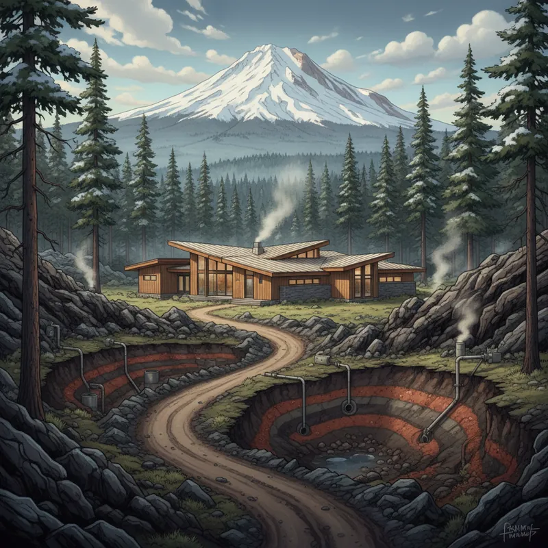 Oregon Cascade Range home with geothermal bore holes through volcanic basalt geology near Mt. Hood