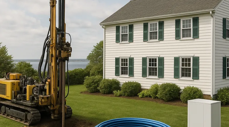 Geothermal heat pump installation at a New England colonial home in Rhode Island with drilling rig and HDPE coils
