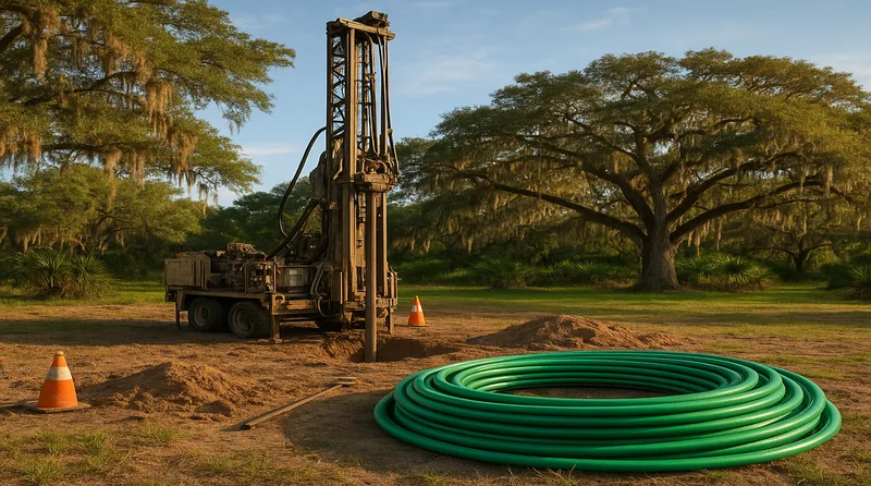 Geothermal heat pump installation in South Carolina with coastal Lowcountry landscape and live oak trees