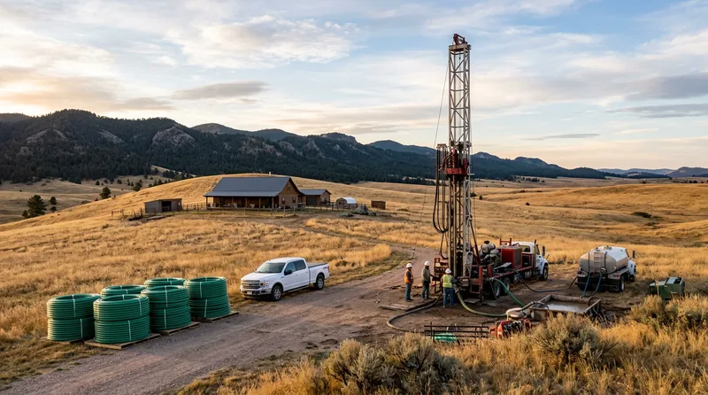 Geothermal ground loop installation on a South Dakota ranch with Black Hills visible in the distance and wide prairie grassland
