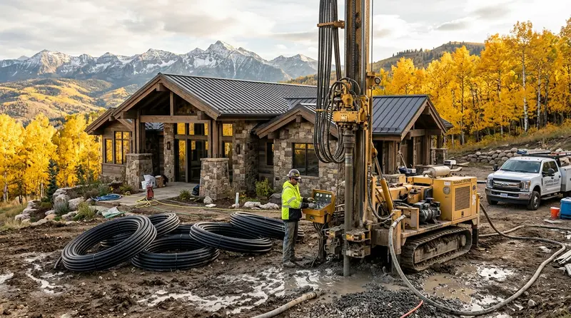 Geothermal ground loop installation in Utah with Wasatch Mountain range in background and new construction homes nearby