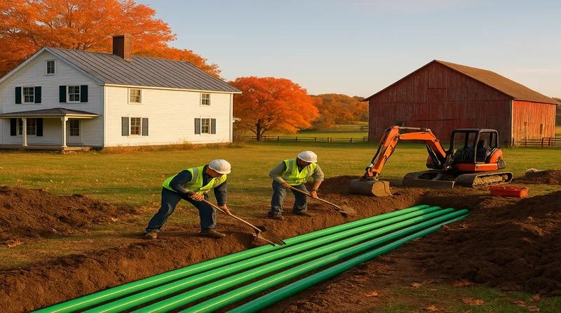 Vermont farmhouse in winter with geothermal heat pump installation, snow-covered Green Mountains in background