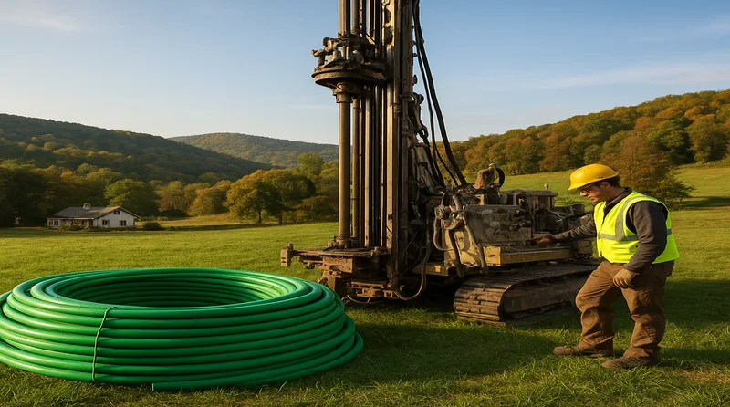 Geothermal heat pump installation in the West Virginia hills with Appalachian hardwood forest backdrop and drilling rig