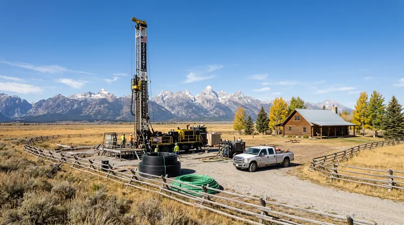 Geothermal ground loop installation on a Wyoming ranch property with rolling grasslands, distant mountain range, and wide open sky